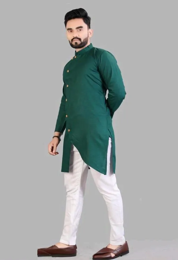 Green_Cotton_Asymmetric_Hem_Kurta_For_Men