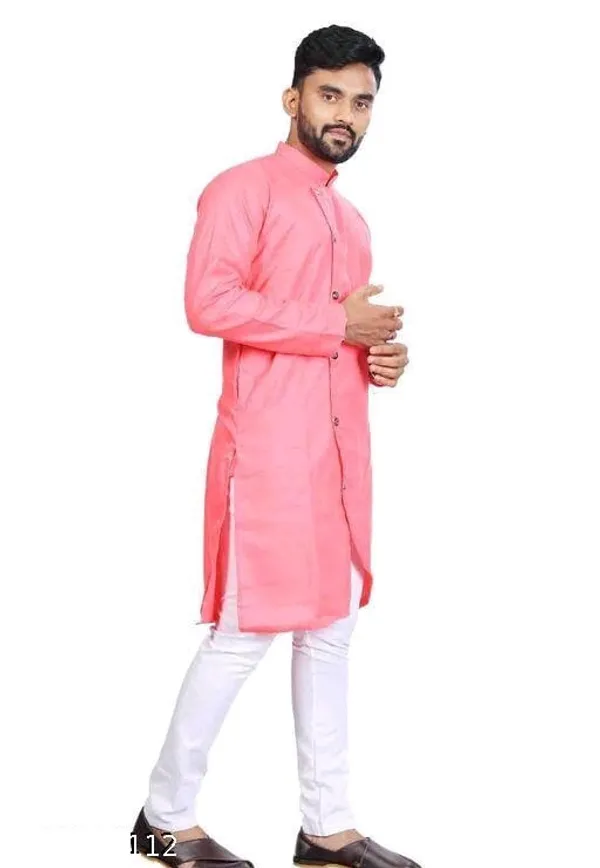 Pink_Cotton_Asymmetric_Regular_Fit_Kurta_For_Men