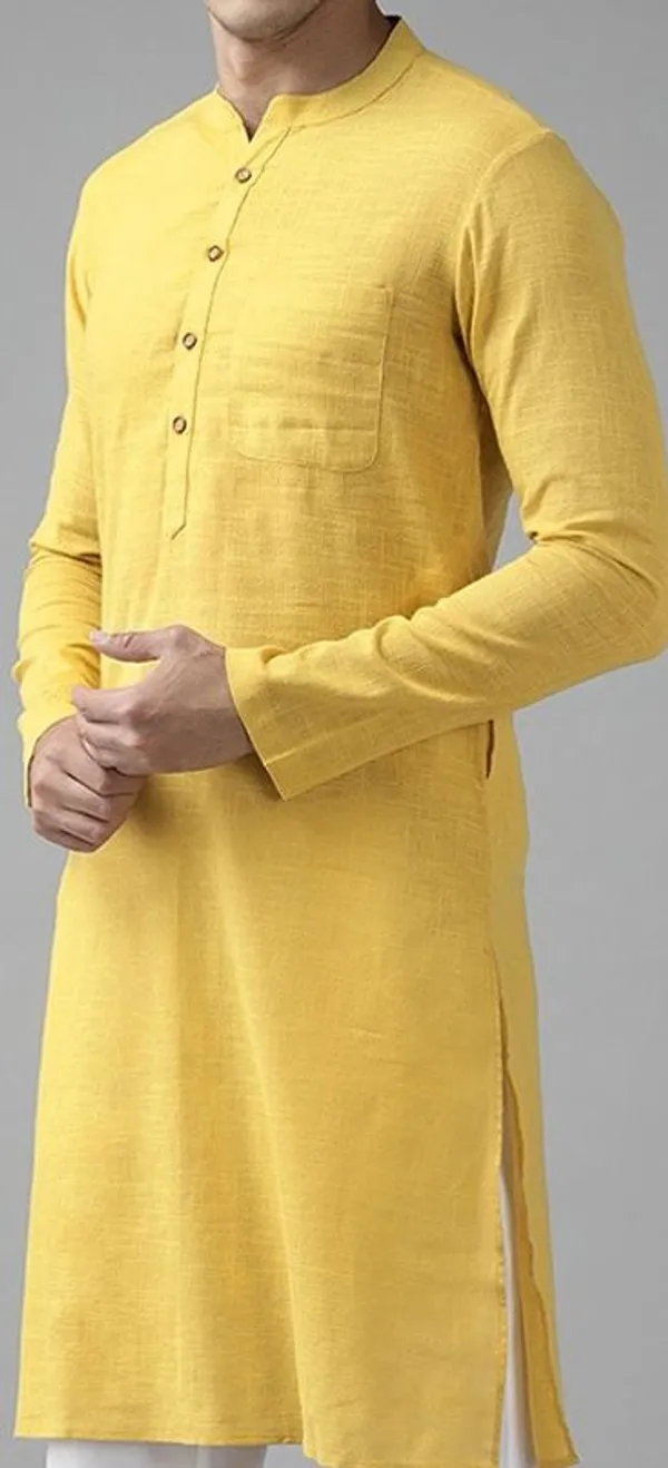 Yellow_Cotton_Mandarin_Collar_Long_Kurta_For_Men