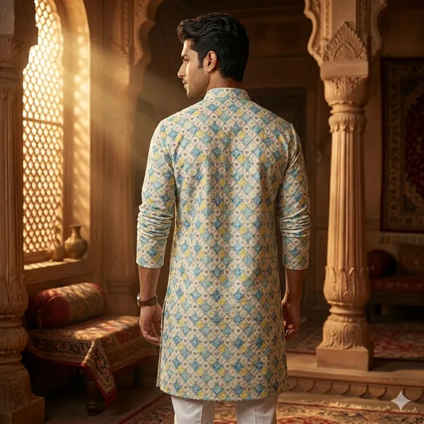 Multicolor_Printed_Mandarin_Collar_Kurta_For_Men