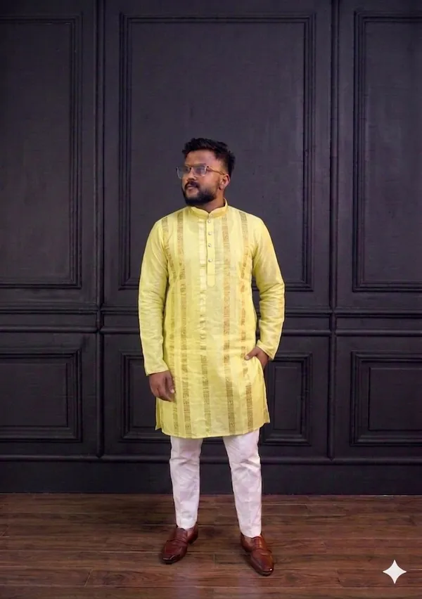 Yellow_Cotton_Relaxed_Striped_Kurta_For_Men