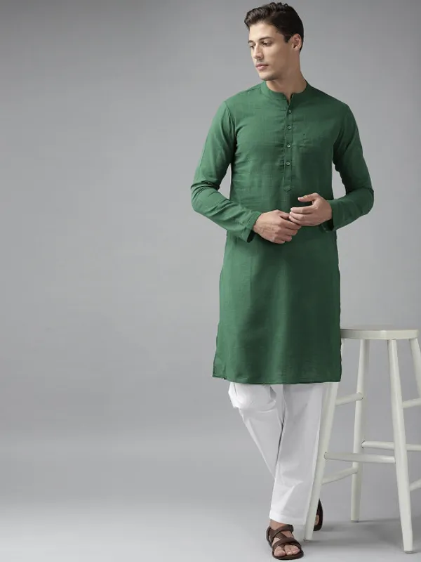 Green_Cotton_Solid_Long_Kurta_For_Men