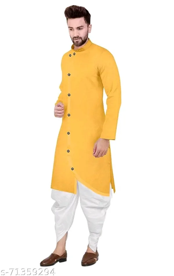 Yellow_Cotton_Blend_Relaxed_Fit_Kurta_Pyjama_Set_For_Men