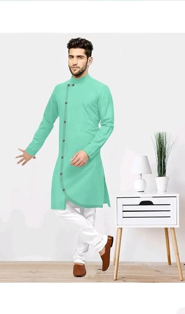 Sea_Green_Cotton_Asymmetric_Kurta_Set_For_Men