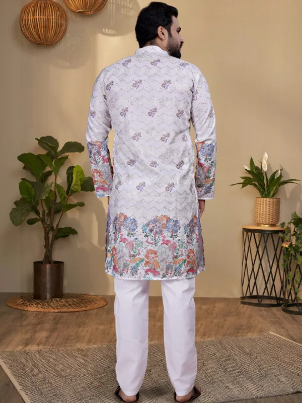 White_Cotton_Floral_Print_Long_Kurta_For_Men