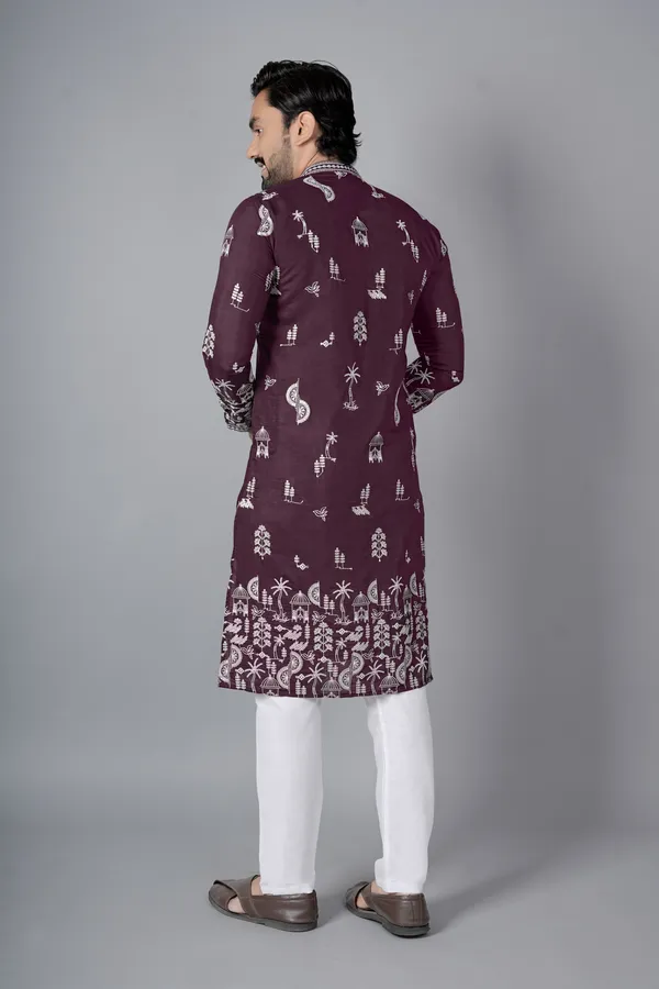 Maroon_Rayon_Relaxed_Fit_Block_Print_Kurta_Pajama_Set_For_Men