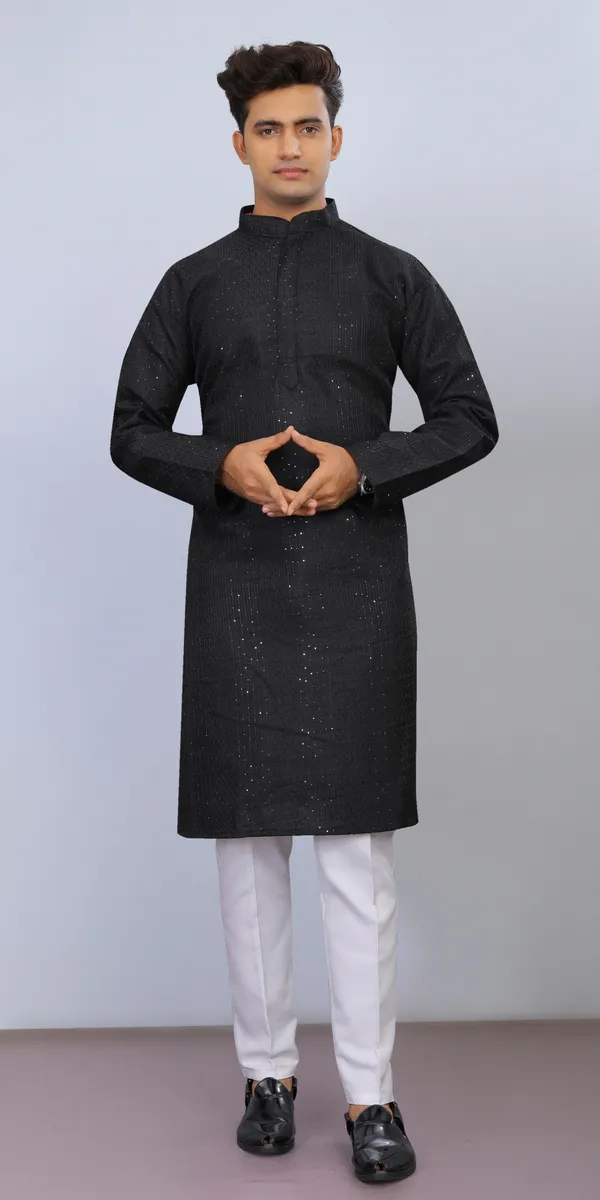 Black_Cotton_Embroidered_Kurta_Pajama_Set_For_Men