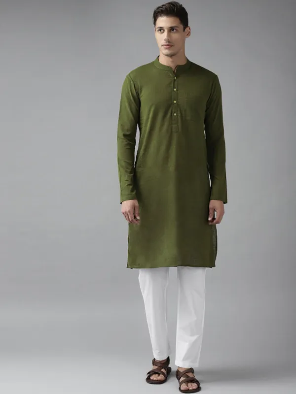 Olive_Green_Cotton_Long_Kurta_For_Men