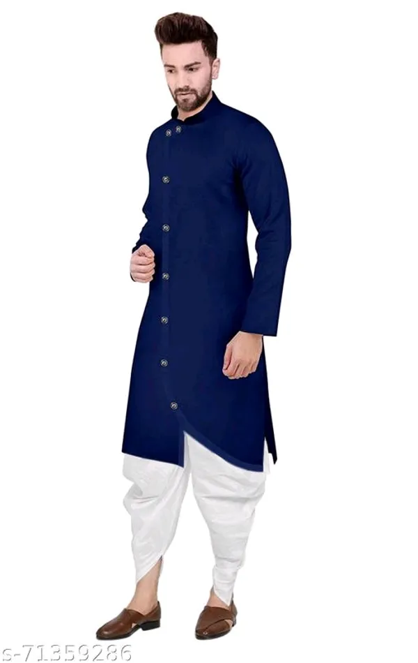 Navy_Blue_Cotton_Blend_Mandarin_Collar_Kurta_Dhoti_Set_For_Men