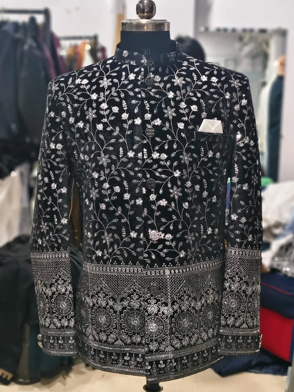 Black_Cotton_Floral_Embroidered_Mandarin_Collar_Blazer_For_Men