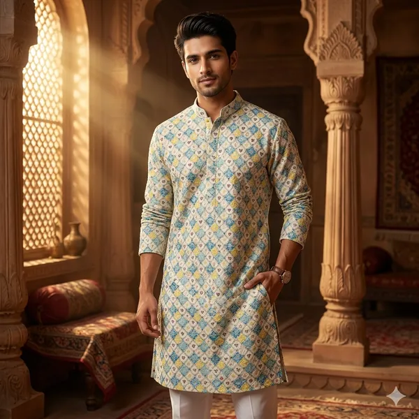 Multicolor_Printed_Mandarin_Collar_Kurta_For_Men