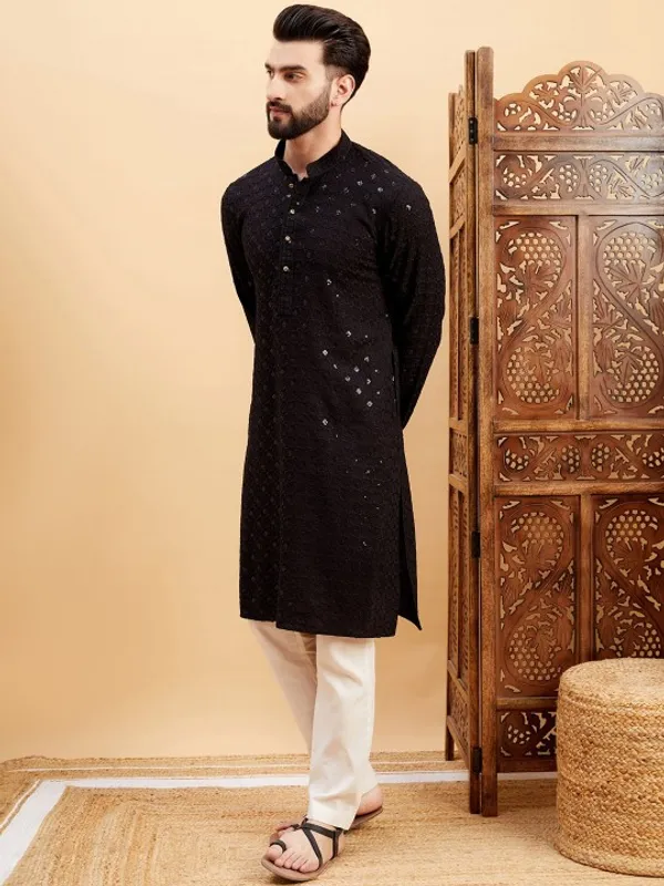 Black_Cotton_Mirror_Work_Embroidered_Kurta_Pajama_Set_For_Men