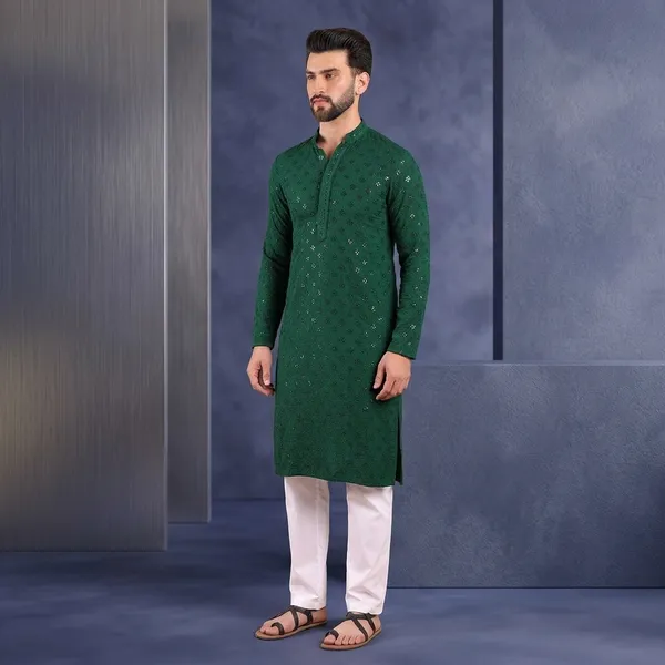 Green_Sequin_Embellished_Cotton_Kurta_For_Men
