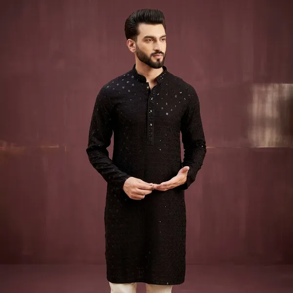 Black_Embellished_Cotton_Kurta_Pajama_Set_For_Men