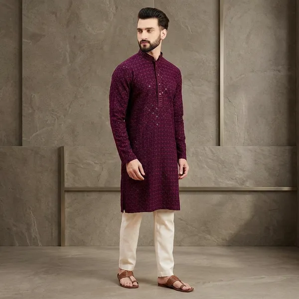 Maroon_Sequin_Embellished_Kurta_For_Men