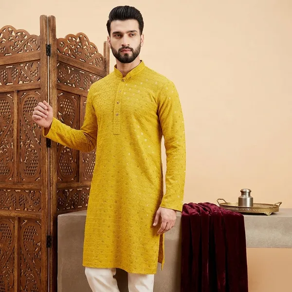 Yellow_Jacquard_Ethnic_Kurta_For_Men