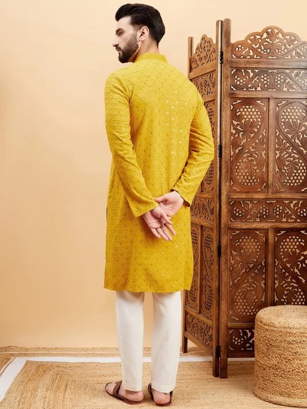 Yellow_Embroidered_Rayon_Straight_Kurta_Set_For_Men