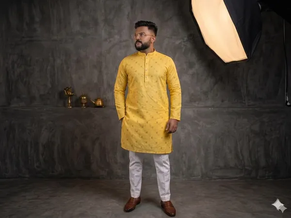 Yellow_Cotton_Relaxed_Fit_Embroidered_Kurta_Set_For_Men