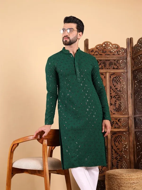 Green_Cotton_Relaxed_Straight_Sequin_Embellished_Kurta_For_Men