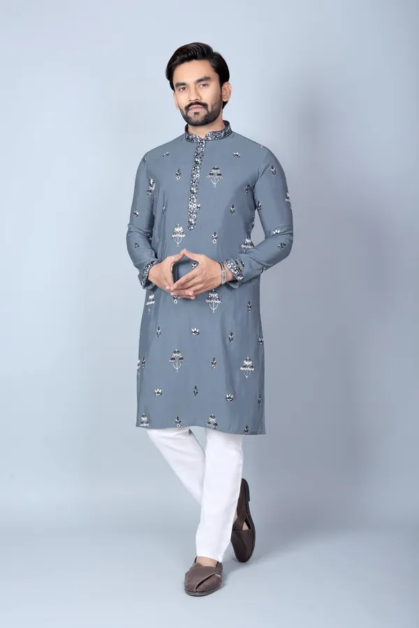 Grey_Cotton_Embroidered_Straight_Kurta_Pajama_Set_For_Men