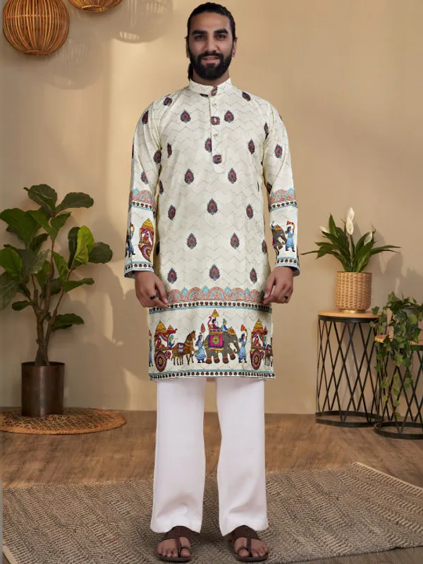 White_Printed_Cotton_Straight_Ethnic_Kurta_For_Men