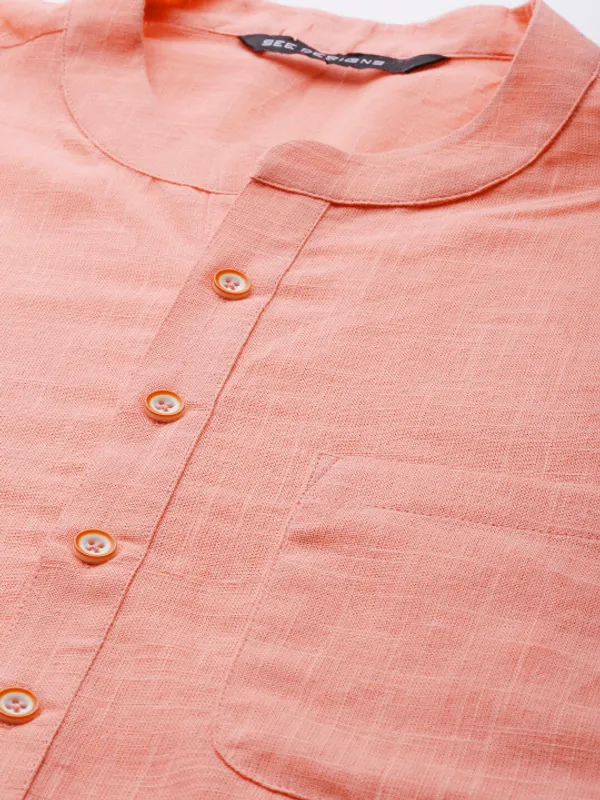 Peach_Cotton_Slub_Solid_Kurta_For_Men