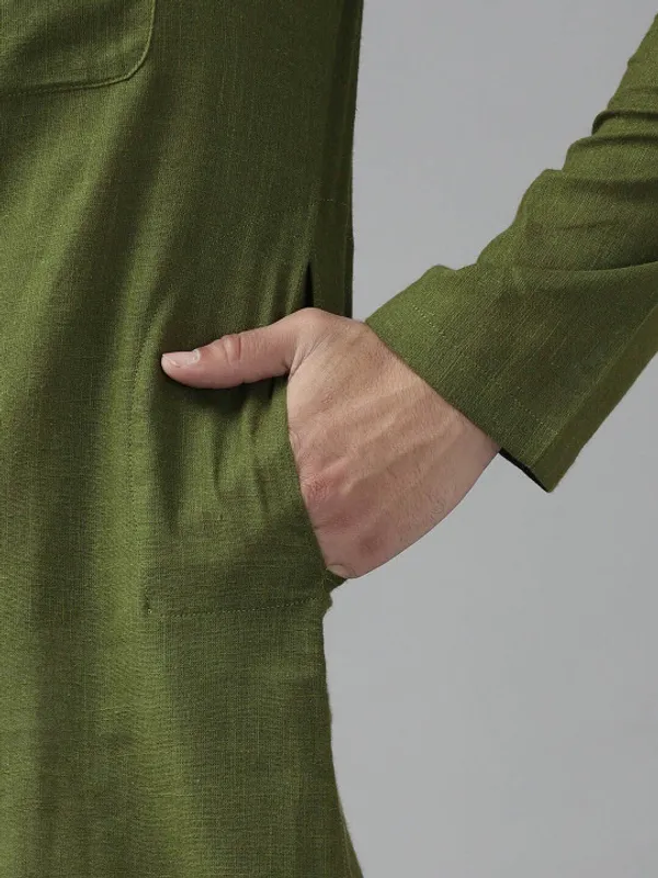 Olive_Green_Cotton_Long_Kurta_For_Men