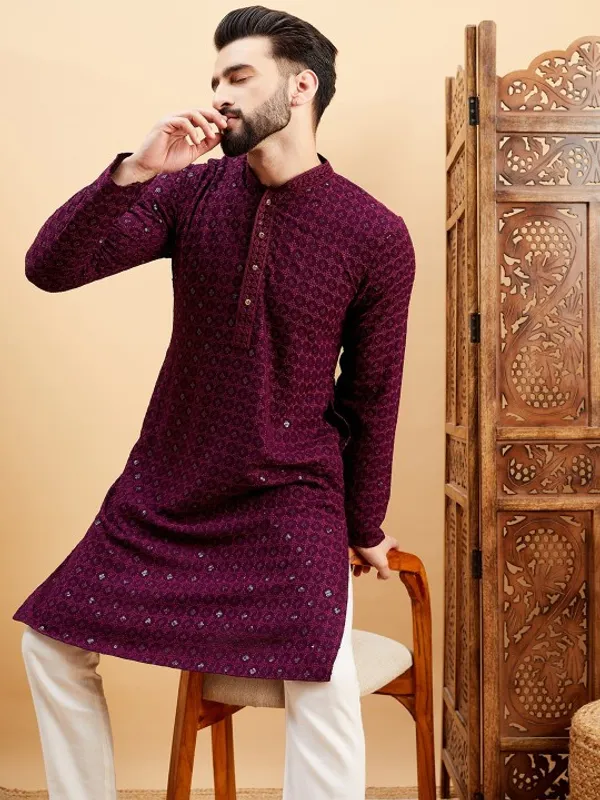 Maroon_Rayon_Regular_Fit_Sequin_Embroidered_Kurta_For_Men