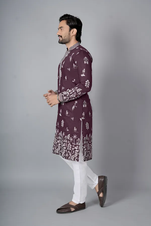 Maroon_Rayon_Relaxed_Fit_Block_Print_Kurta_Pajama_Set_For_Men