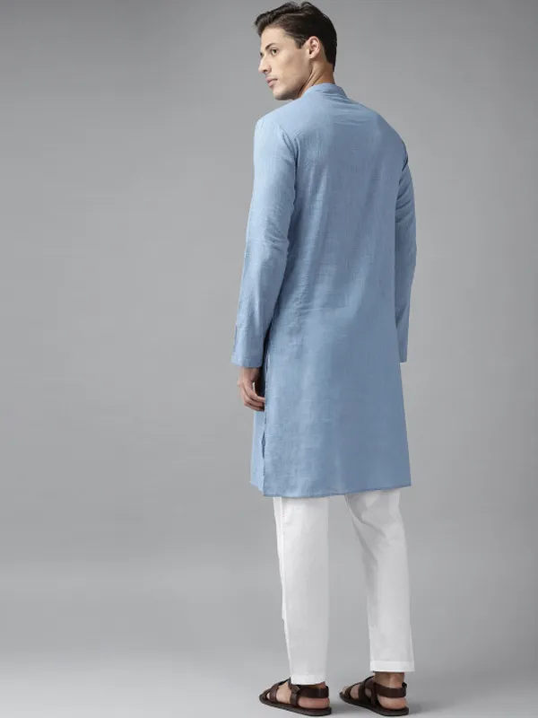 Blue_Cotton_Long_Kurta_With_Mandarin_Collar_For_Men