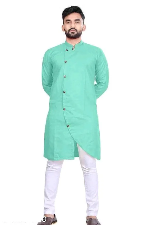 Sea_Green_Cotton_Blend_Mandarin_Collar_Kurta_Pajama_Set_For_Men