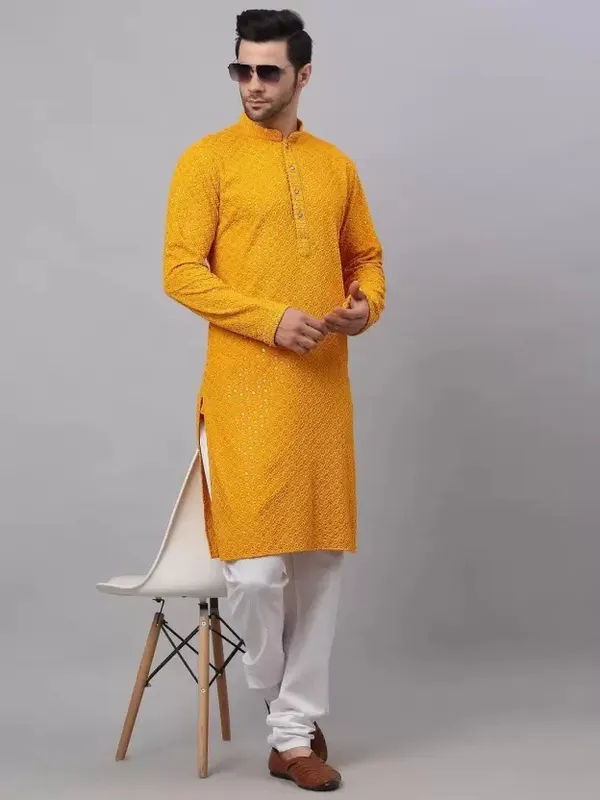 Yellow_Embroidered_Cotton_Straight_Kurta_For_Men