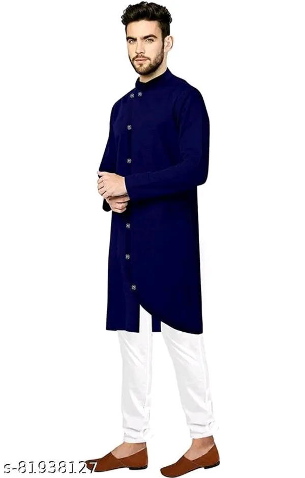 Navy_Blue_Cotton_Blend_Asymmetric_Hem_Kurta_For_Men