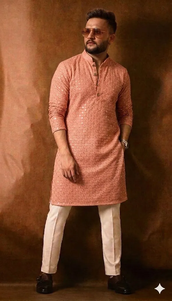 Peach_Cotton_Embroidered_Kurta_Pajama_Set_For_Men
