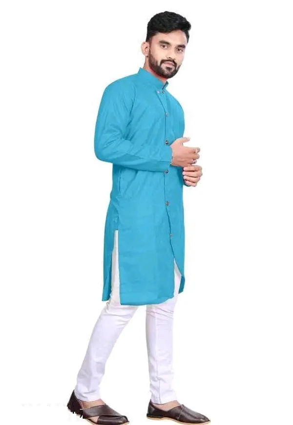 Blue_Cotton_Blend_Mandarin_Collar_Kurta_For_Men