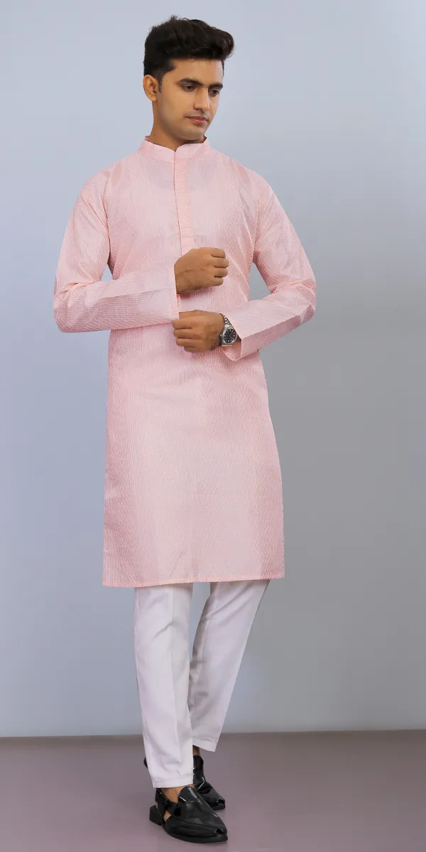 Pink_Cotton_Blend_Textured_Mandarin_Collar_Kurta_For_Men