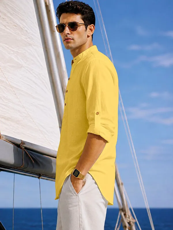 Yellow_Linen_Mandarin_Collar_Long_Sleeve_Shirt_For_Men