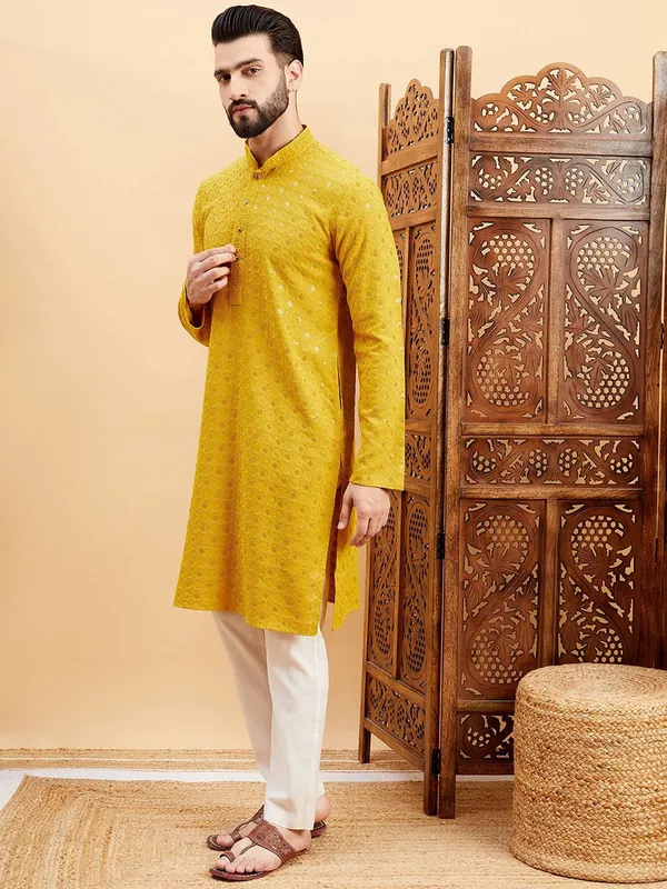 Yellow_Embroidered_Rayon_Straight_Kurta_Set_For_Men