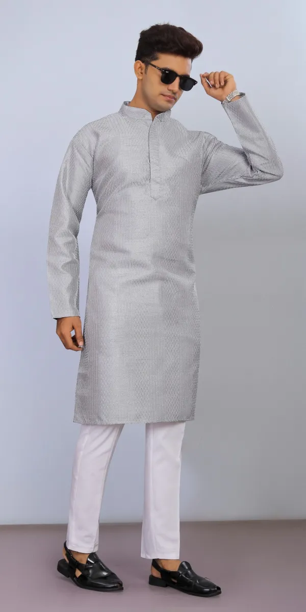 Grey_Cotton_Textured_Kurta_Pajama_Set_For_Men