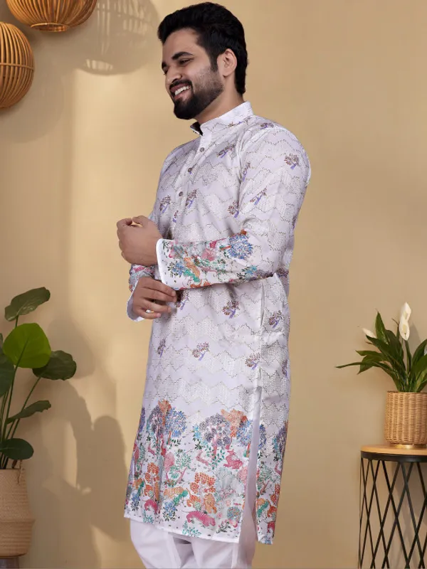 White_Cotton_Floral_Print_Long_Kurta_For_Men