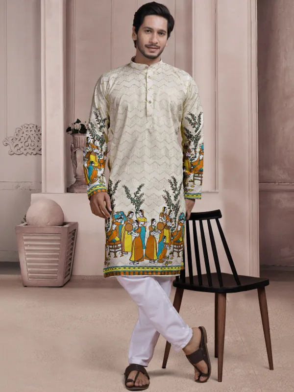 Cream_Cotton_Blend_Straight_Ethnic_Print_Kurta_For_Men