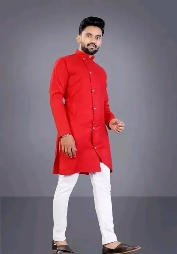 Red_Cotton_Blend_Asymmetric_Kurta_With_Churidar_For_Men