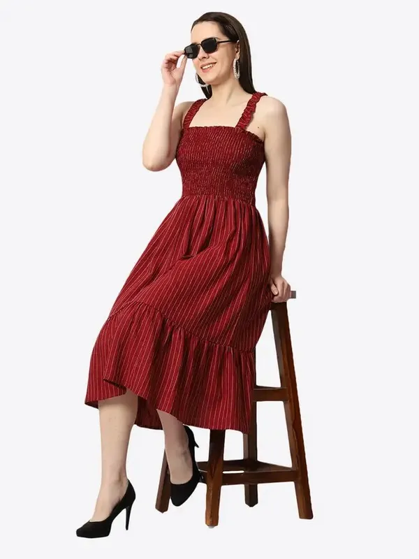Maroon_Cotton_Smocked_Striped_Midi_Dress_For_Women