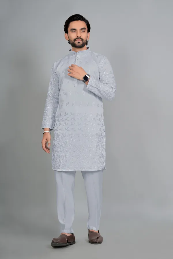 Light_Blue_Cotton_Blend_Embroidered_Kurta_Pajama_Set_For_Men