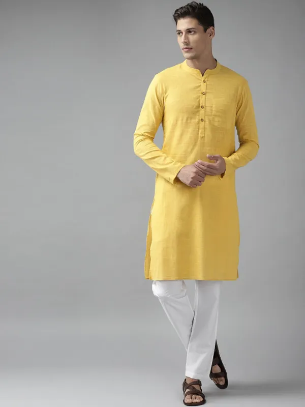 Yellow_Cotton_Mandarin_Collar_Long_Kurta_For_Men