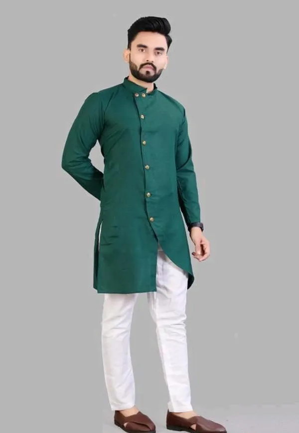 Green_Cotton_Asymmetric_Hem_Kurta_For_Men