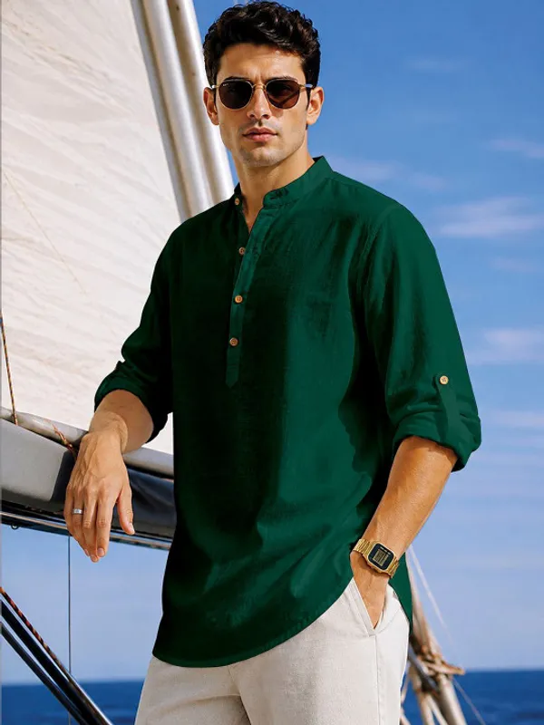 Bottle_Green_Cotton_Relaxed_Fit_Mandarin_Collar_Short_Kurta_For_Men