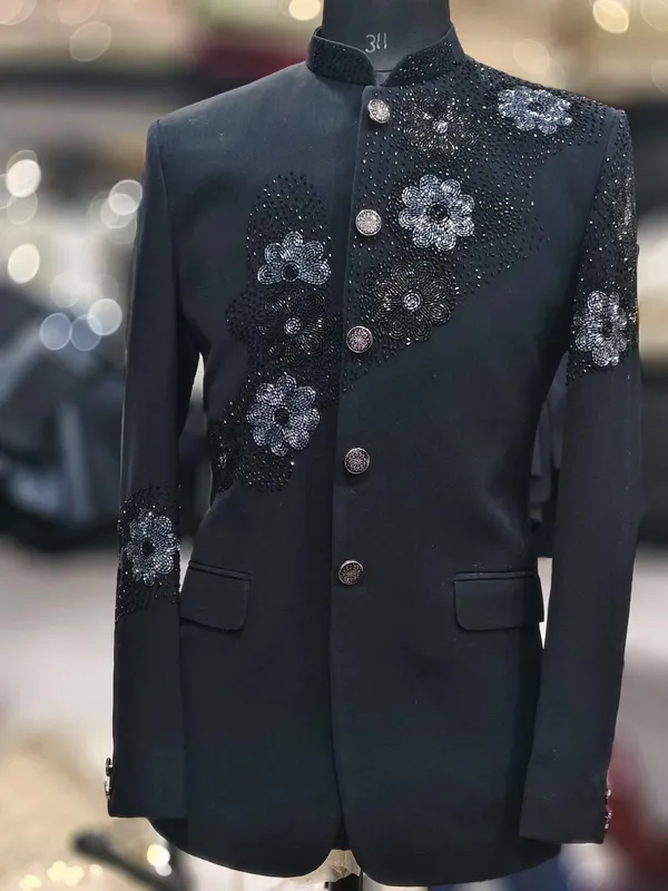 Black_Cotton_Sequin_Embellished_Mandarin_Collar_Blazer_For_Men