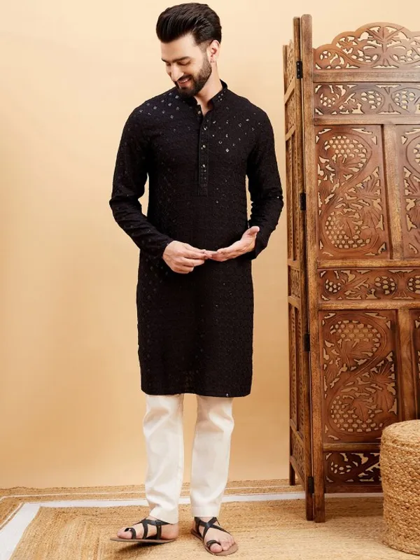 Black_Cotton_Mirror_Work_Embroidered_Kurta_Pajama_Set_For_Men
