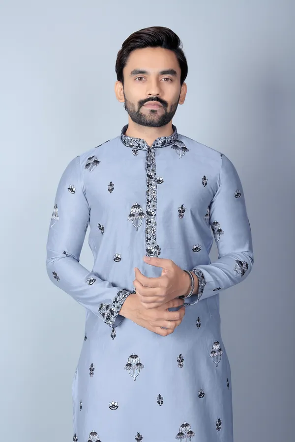 Grey_Cotton_Embroidered_Straight_Fit_Kurta_Pajama_Set_For_Men